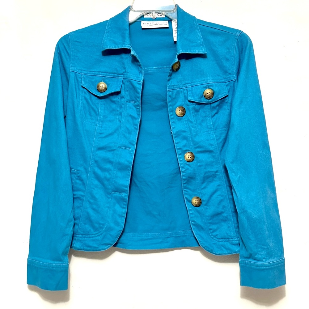 Liz Claiborne First Issue Denim Jacket Stretch Fabric Teal Turquoise Small